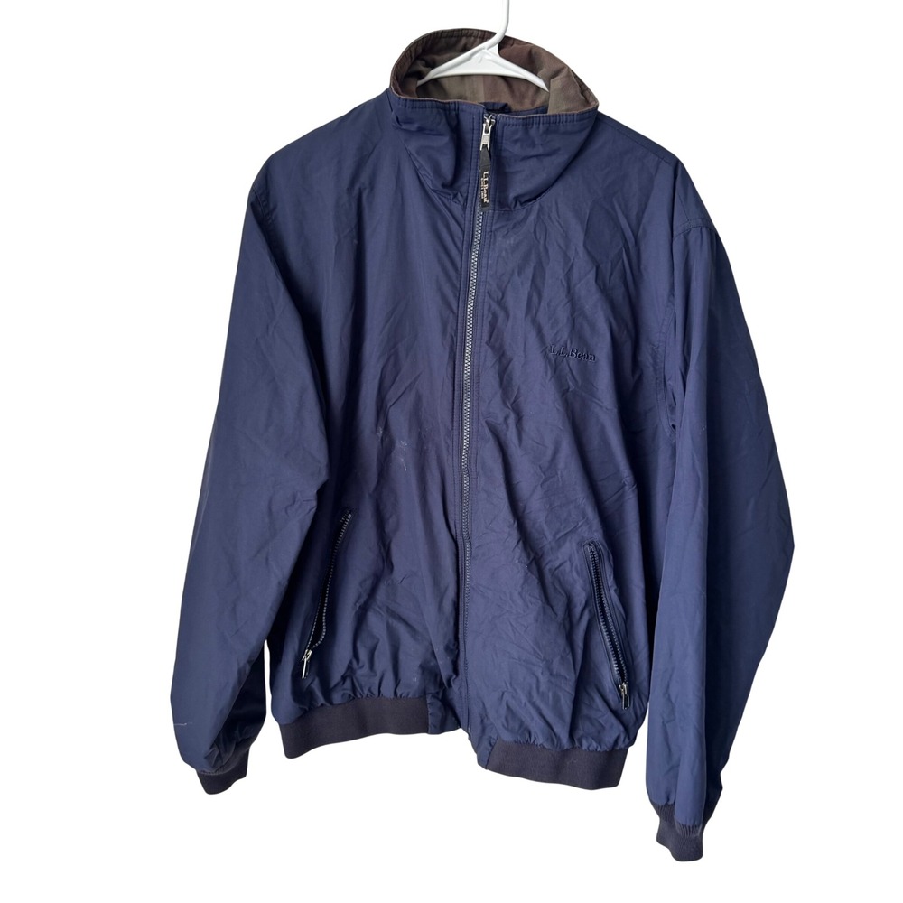 LL Bean Mens Navy Blue Warm-Up Jacket Plaid Lined Full Zip‎ M REG 500395
